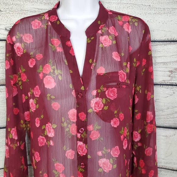 KUT from the Kloth Women’s M Burgundy Sheer Rose Floral Button Front Blouse Long - Picture 2 of 6